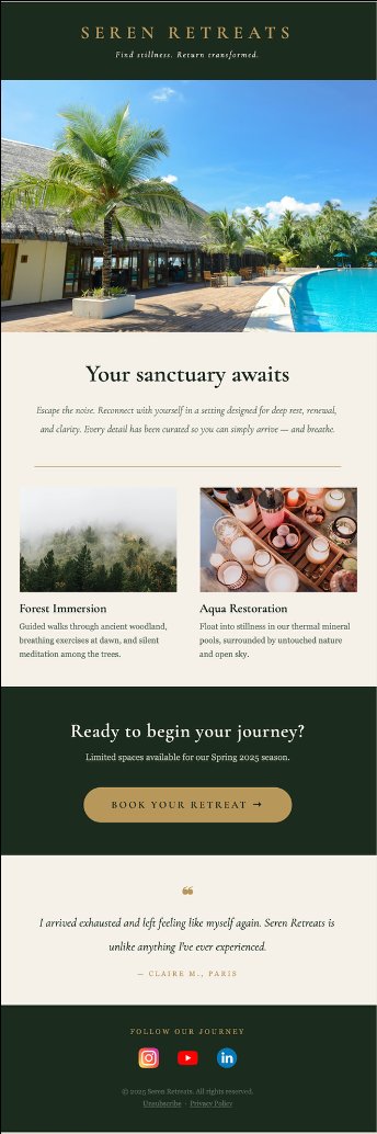 Preview of a luxury email marketing campaign with professional design, responsive layout, and functional call-to-action button created with Claude AI and Brevo