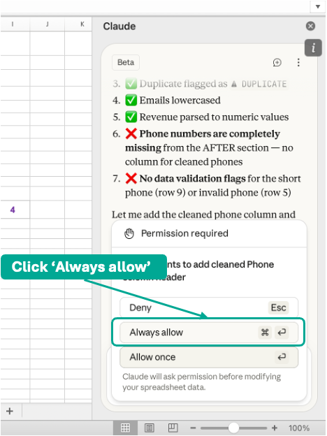 Close-up of the Claude permission dialog in Excel showing Deny, Always allow, and Allow once buttons for a sheet-modifying action.