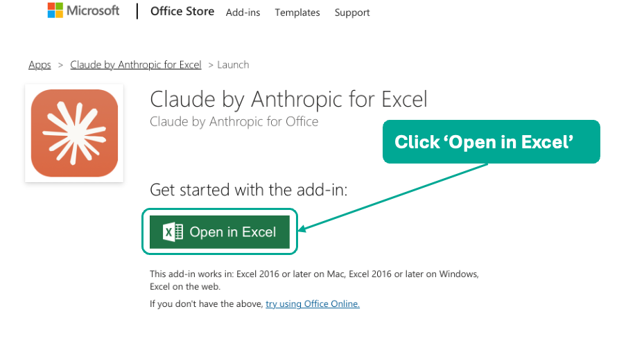 Microsoft Office Store page for the Claude by Anthropic for Excel add-in, showing the green 'Open in Excel' button highlighted with a teal arrow.