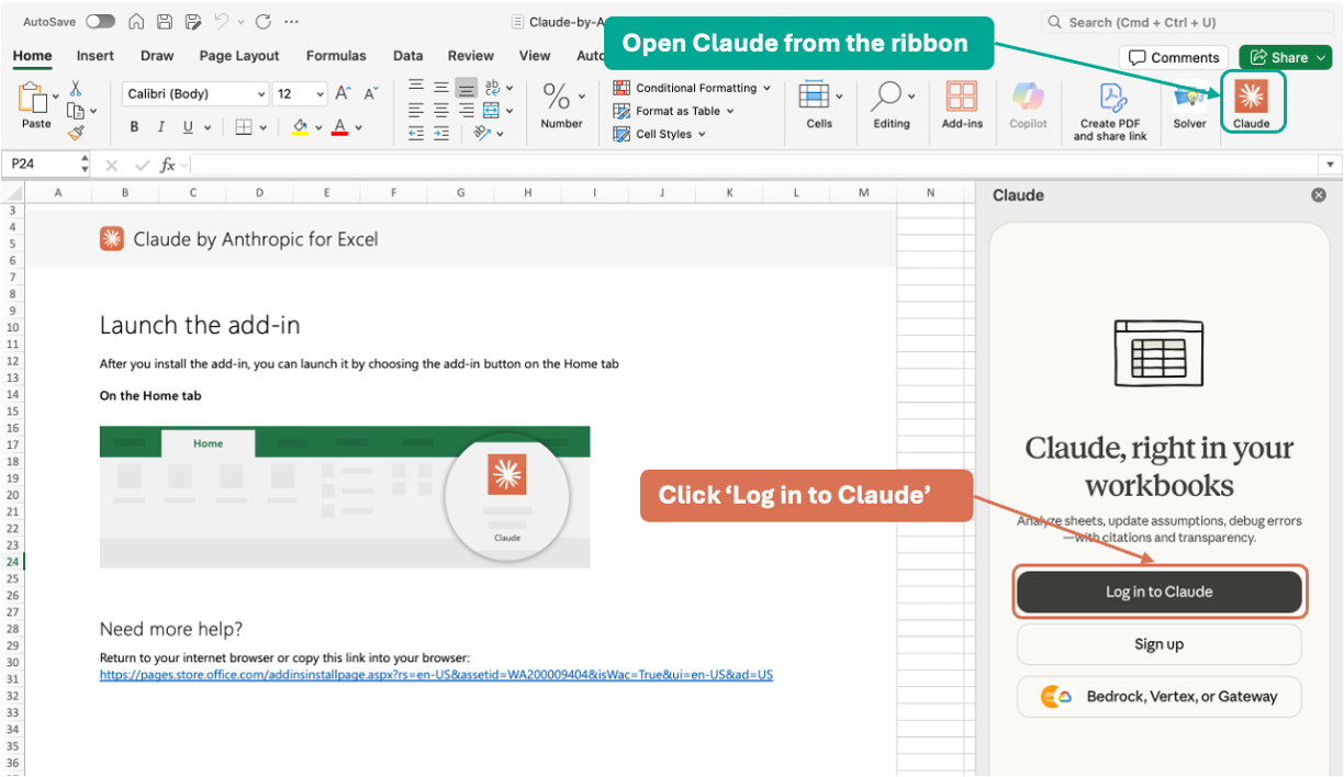 Excel ribbon with the new Claude button highlighted and the Claude side panel showing the 'Log in to Claude' button.