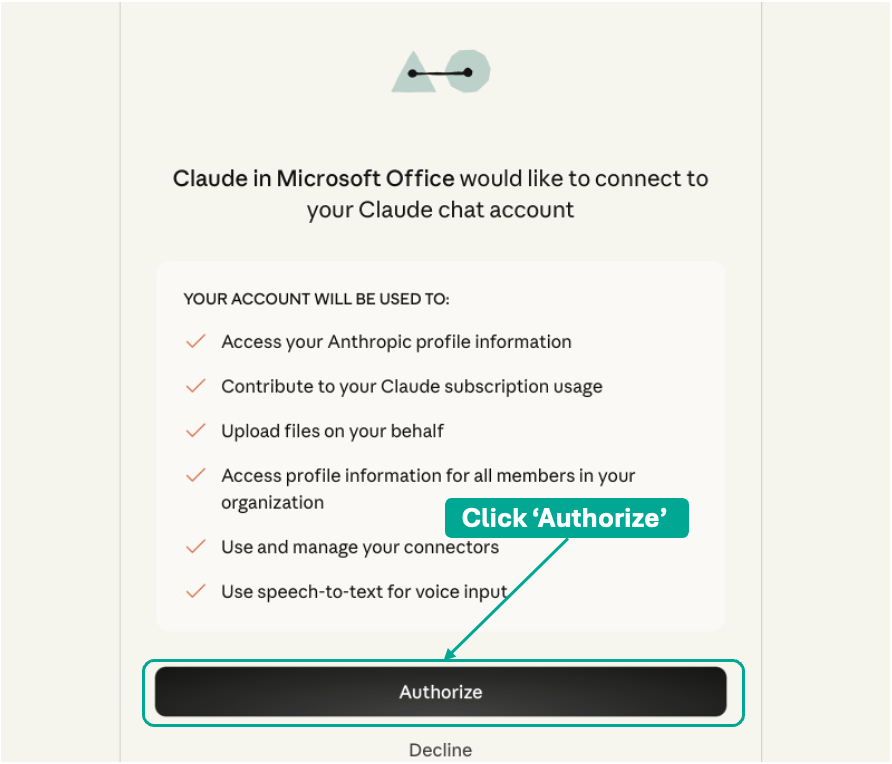 Claude.ai OAuth authorization screen asking to connect Claude in Microsoft Office to the user's Claude chat account, with the Authorize button highlighted.