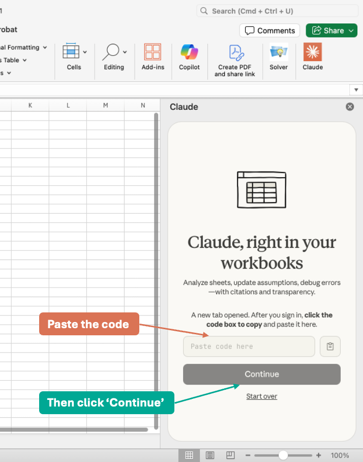 Excel side panel for Claude showing the 'Paste code here' input field and the Continue button, both highlighted with annotated callouts.